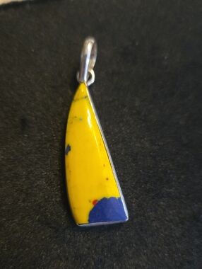 Silver Mosaic Jasper Yellow & Blue Triangular Teardrop Pendant Gemstone Charm
